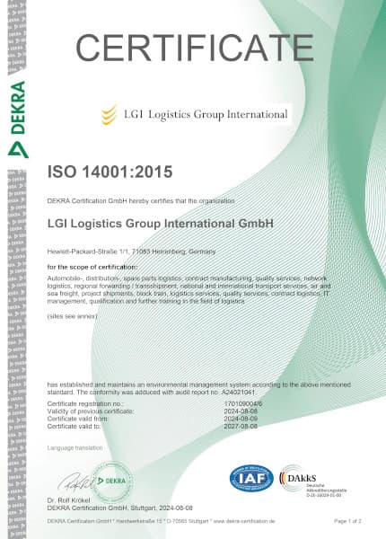 ISO 14001 certificate - LGI